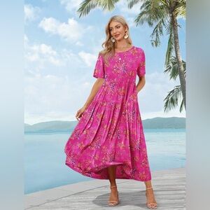 Yesno Women’s Hot Pink Calico Floral Midi Dress Size Small, Brand New with Tags